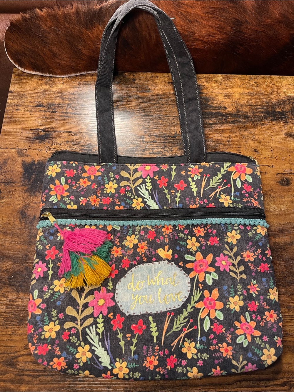 Natural Life Floral Canvas Padded Tote Bag with Tassel - Black Multi